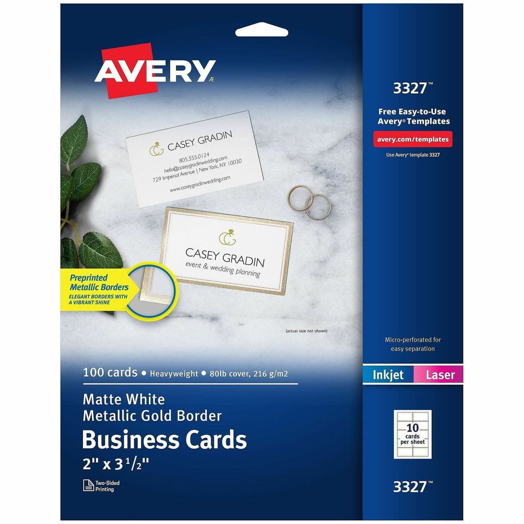 Image of Avery 03327 Business Card, 2" x 3 1/2", 80 lb Basis Weight, 216 g/m² Grammage, Pre-printed, Printable, Double-sided, White, 100 / Pack