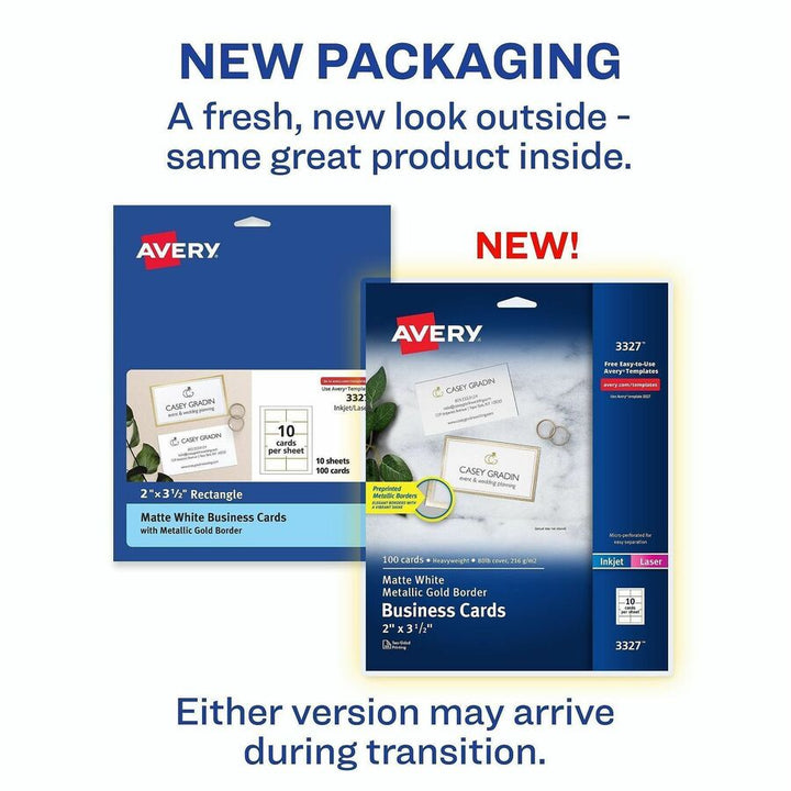 Image of Avery 03327 Business Card, 2" x 3 1/2", 80 lb Basis Weight, 216 g/m² Grammage, Pre-printed, Printable, Double-sided, White, 100 / Pack