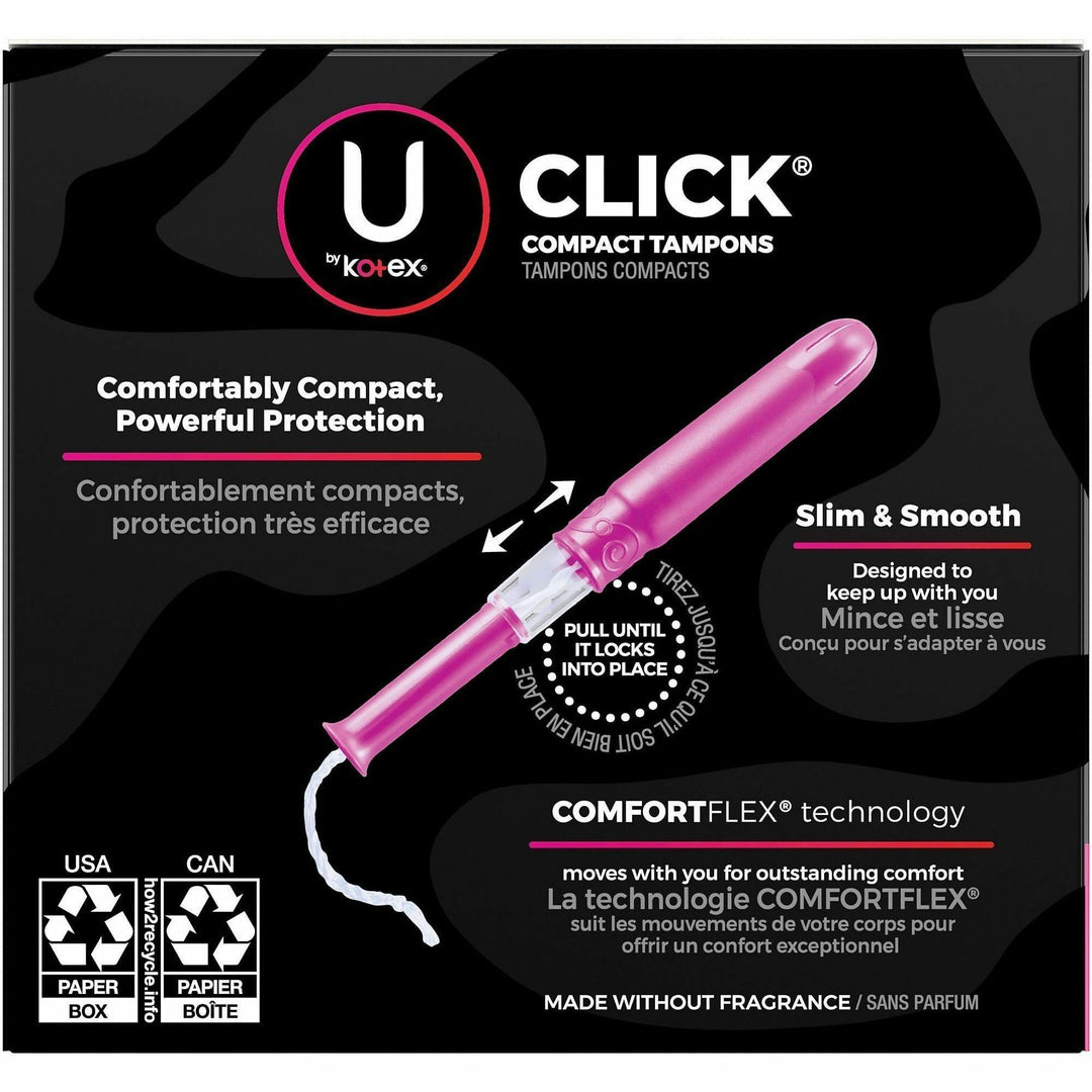 Image of U by Kotex 53445CT Click Compact Tampons, Regular, Anti-leak, Fragrance-free, Comfortable, 8 / Carton