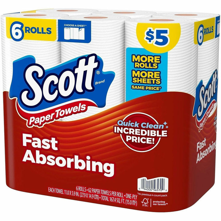 Image of Scott 56570 Choose-A-Sheet Paper Towels, 62 Sheets/Roll, White, Paper, 6 / Pack