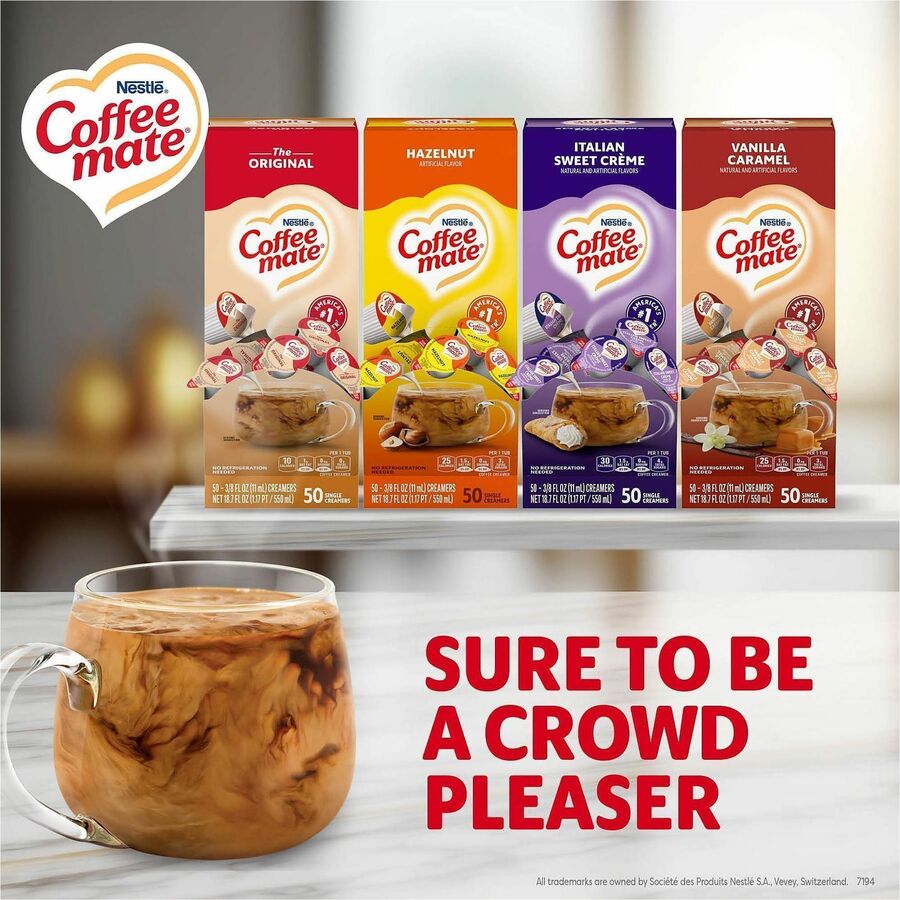 Image of Coffee mate 40283 Liquid Creamer Singles, Original, Hazelnut, Italian Sweet Creme, Vanilla Caramel Flavor, 1 Serving, 1 Carton