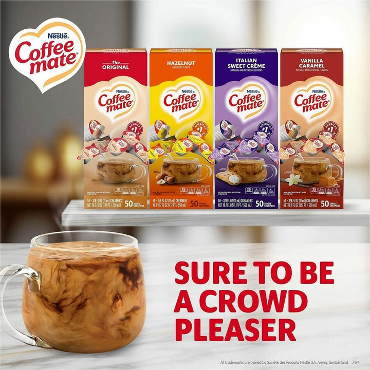 Image of Coffee mate 40283 Liquid Creamer Singles, Original, Hazelnut, Italian Sweet Creme, Vanilla Caramel Flavor, 1 Serving, 1 Carton