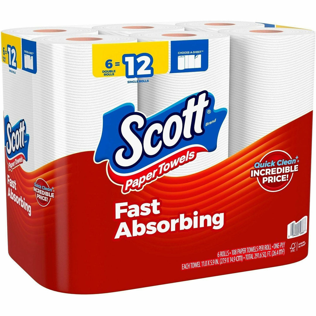 Image of Scott 56668CT Choose-A-Sheet Paper Towels, 108 Sheets/Roll, White, Paper, 6 Rolls Per Container Rolls, 4 / Carton
