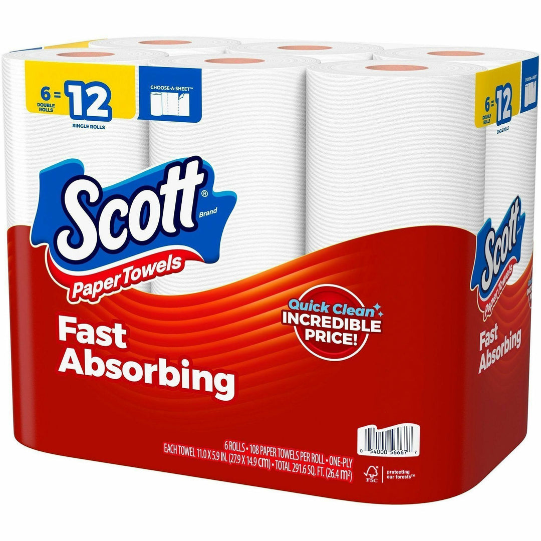 Image of Scott 56668CT Choose-A-Sheet Paper Towels, 108 Sheets/Roll, White, Paper, 6 Rolls Per Container Rolls, 4 / Carton