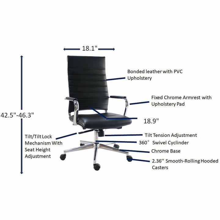 Image of Lorell 63220 Tempo Modern High-Back Executive Chair, Chrome Frame Material, High Back, Black, Leather, Chrome, Armrest, 1 Each