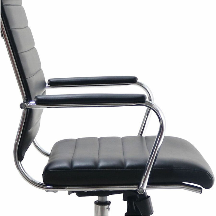 Image of Lorell 63220 Tempo Modern High-Back Executive Chair, Chrome Frame Material, High Back, Black, Leather, Chrome, Armrest, 1 Each
