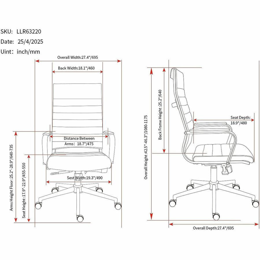 Image of Lorell 63220 Tempo Modern High-Back Executive Chair, Chrome Frame Material, High Back, Black, Leather, Chrome, Armrest, 1 Each