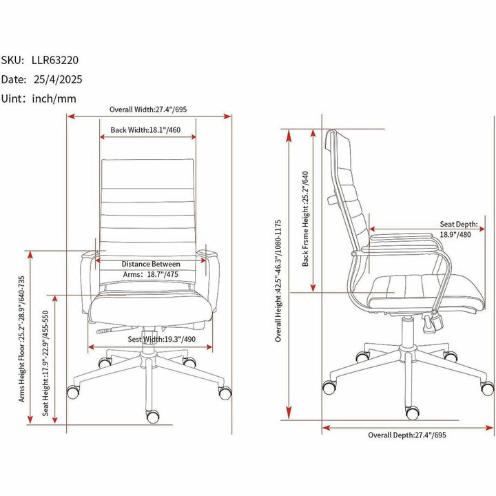 Image of Lorell 63220 Tempo Modern High-Back Executive Chair, Chrome Frame Material, High Back, Black, Leather, Chrome, Armrest, 1 Each