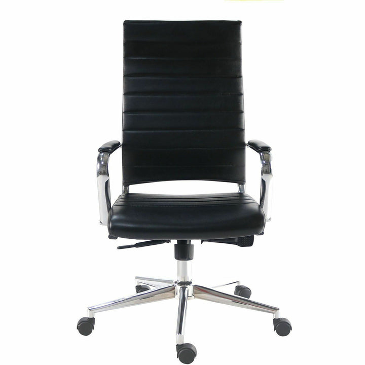 Image of Lorell 63220 Tempo Modern High-Back Executive Chair, Chrome Frame Material, High Back, Black, Leather, Chrome, Armrest, 1 Each