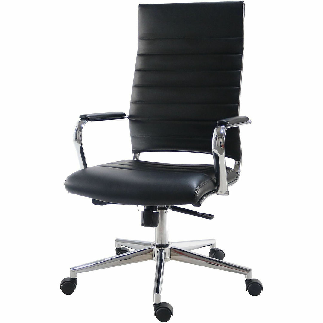 Image of Lorell 63220 Tempo Modern High-Back Executive Chair, Chrome Frame Material, High Back, Black, Leather, Chrome, Armrest, 1 Each