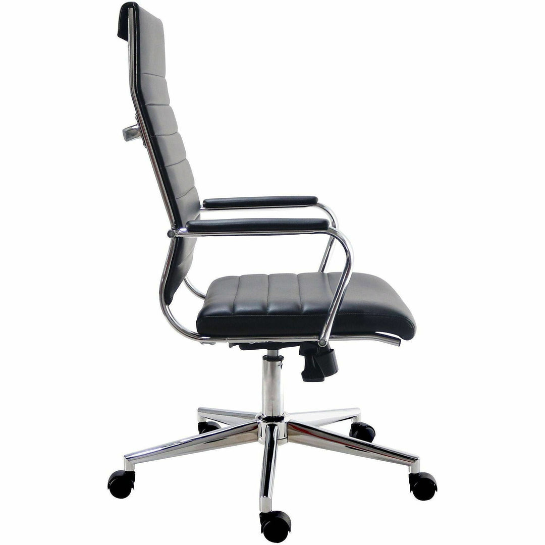 Image of Lorell 63220 Tempo Modern High-Back Executive Chair, Chrome Frame Material, High Back, Black, Leather, Chrome, Armrest, 1 Each