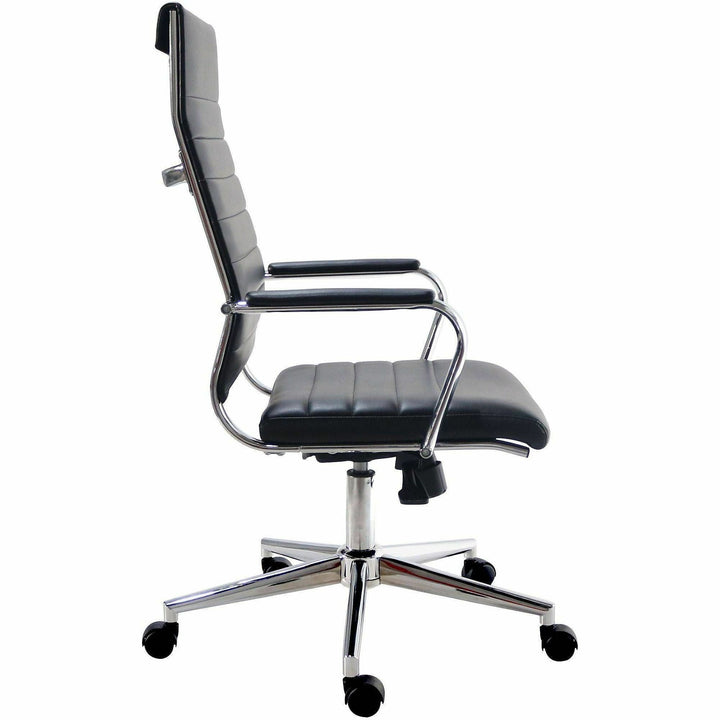 Image of Lorell 63220 Tempo Modern High-Back Executive Chair, Chrome Frame Material, High Back, Black, Leather, Chrome, Armrest, 1 Each