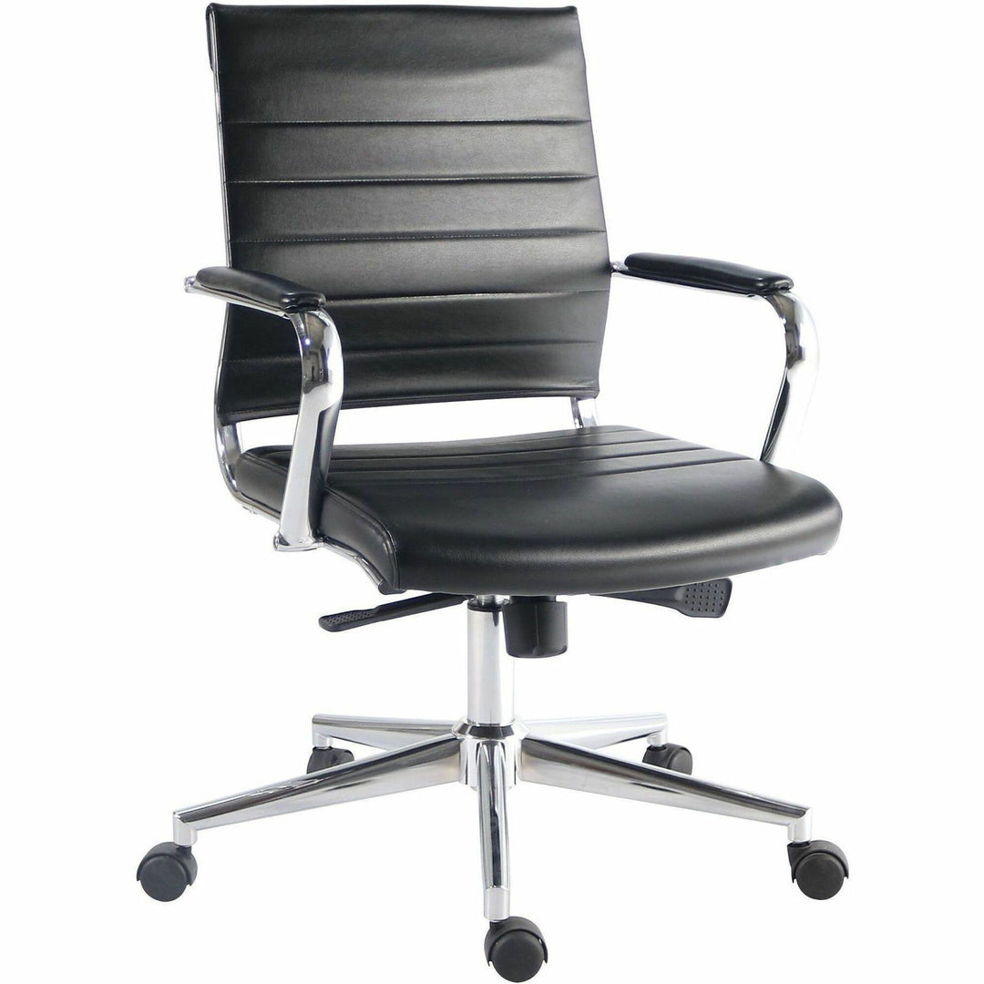 Image of Lorell 63221 Tempo Modern Mid-Back Manager Chair, Chrome Frame Material, Mid Back, Black, Leather, Chrome, Armrest, 1 Each