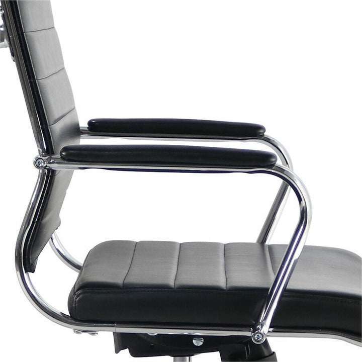 Image of Lorell 63221 Tempo Modern Mid-Back Manager Chair, Chrome Frame Material, Mid Back, Black, Leather, Chrome, Armrest, 1 Each