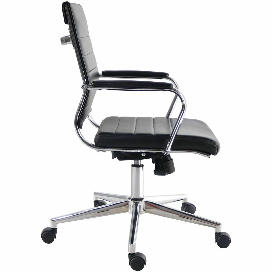 Image of Lorell 63221 Tempo Modern Mid-Back Manager Chair, Chrome Frame Material, Mid Back, Black, Leather, Chrome, Armrest, 1 Each