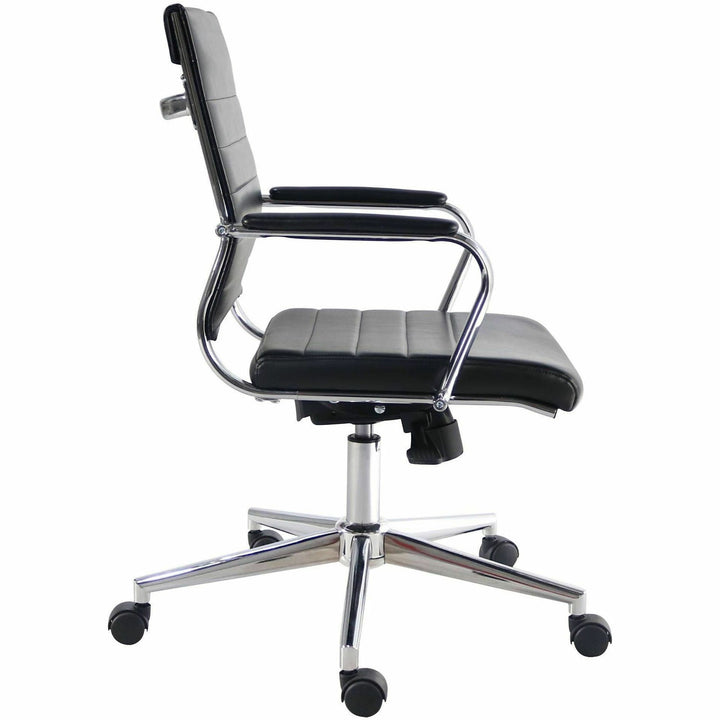 Image of Lorell 63221 Tempo Modern Mid-Back Manager Chair, Chrome Frame Material, Mid Back, Black, Leather, Chrome, Armrest, 1 Each