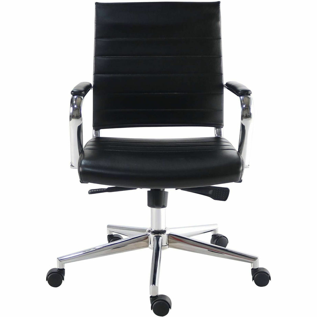 Image of Lorell 63221 Tempo Modern Mid-Back Manager Chair, Chrome Frame Material, Mid Back, Black, Leather, Chrome, Armrest, 1 Each
