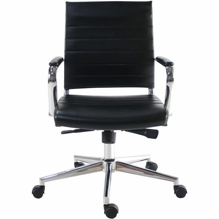 Image of Lorell 63221 Tempo Modern Mid-Back Manager Chair, Chrome Frame Material, Mid Back, Black, Leather, Chrome, Armrest, 1 Each