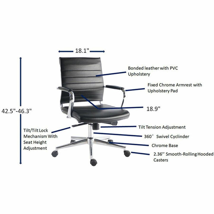Image of Lorell 63221 Tempo Modern Mid-Back Manager Chair, Chrome Frame Material, Mid Back, Black, Leather, Chrome, Armrest, 1 Each