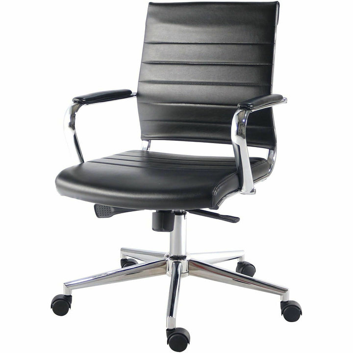 Image of Lorell 63221 Tempo Modern Mid-Back Manager Chair, Chrome Frame Material, Mid Back, Black, Leather, Chrome, Armrest, 1 Each