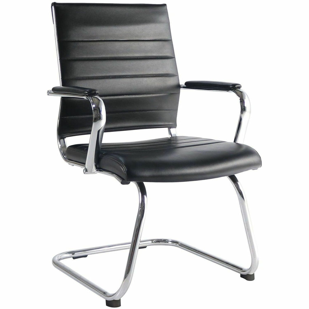 Image of Lorell 63222 Tempo Modern Guest Chair, Chrome Frame Material, Cantilever Base, Black, Leather, Chrome, Armrest, 1 Each