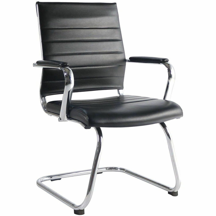 Image of Lorell 63222 Tempo Modern Guest Chair, Chrome Frame Material, Cantilever Base, Black, Leather, Chrome, Armrest, 1 Each