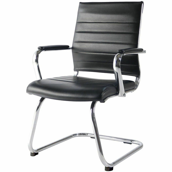 Image of Lorell 63222 Tempo Modern Guest Chair, Chrome Frame Material, Cantilever Base, Black, Leather, Chrome, Armrest, 1 Each