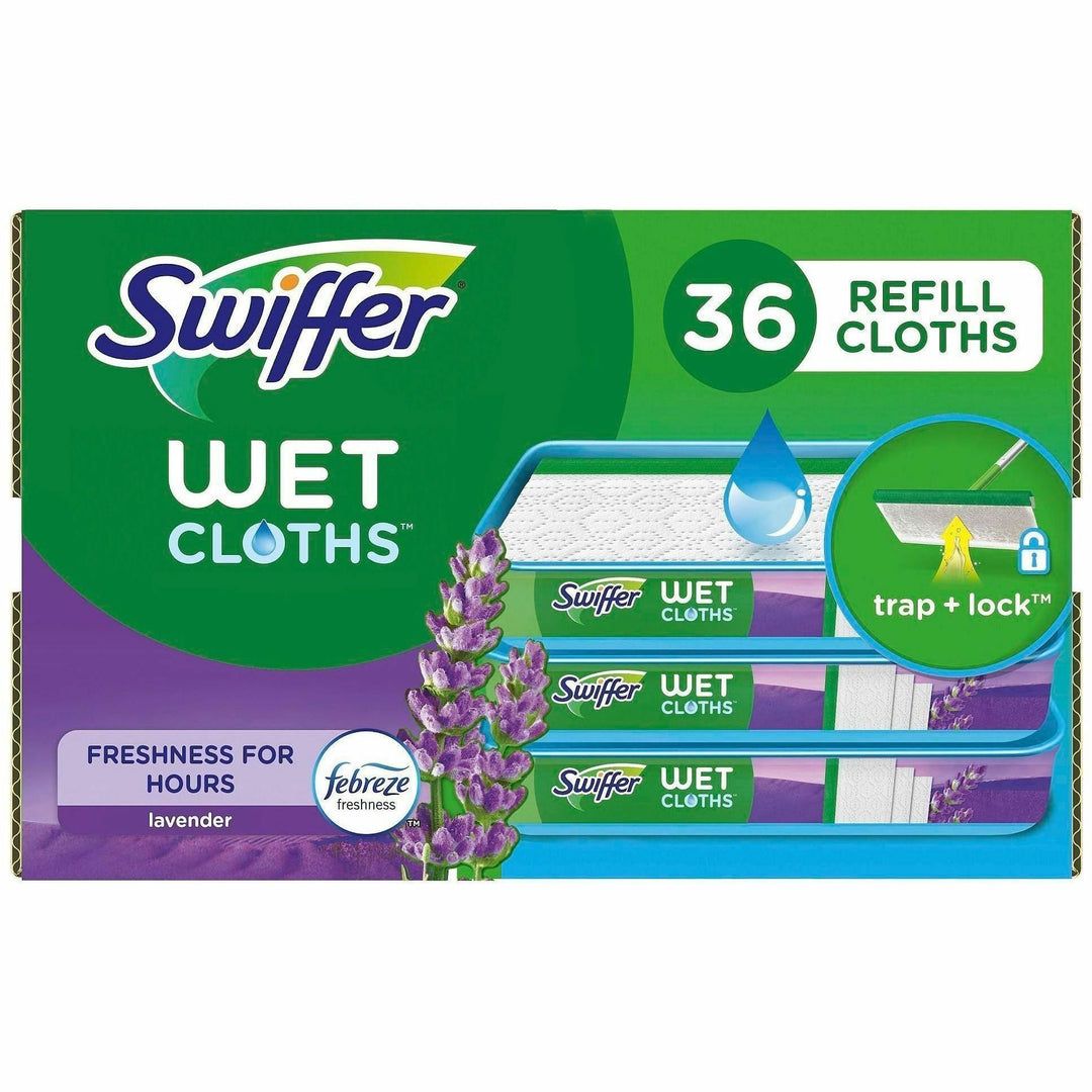 Image of Swiffer 55311CT Sweeper Wet Mop Cloths, Lavender Scent, 8" W x 10" Length, Textured, White, 3 / Carton