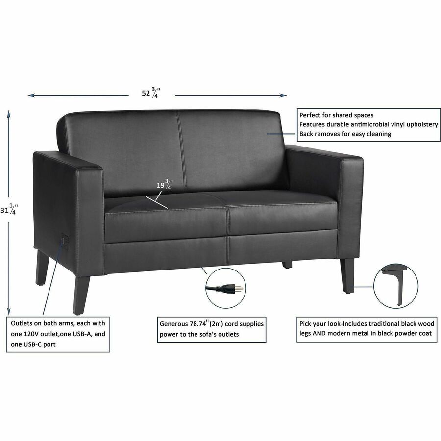 Image of Lorell 86951 Clarke Series Loveseat with Antimicrobial Upholstery and Power, 53.2" x 29.8" x 31" Overall Dimension, 1 Each
