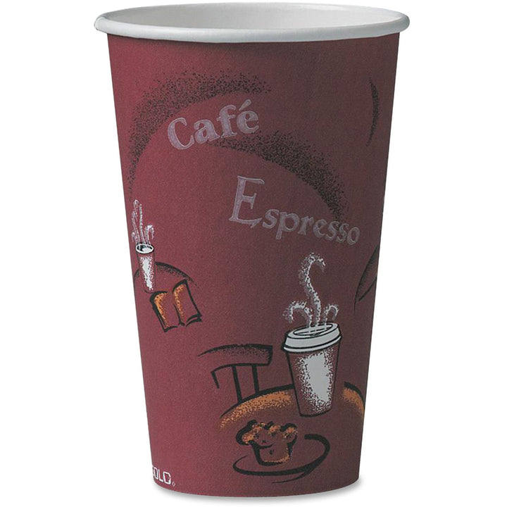 Image of Solo 316SI0041 16 oz Bistro Design Disposable Paper Cups, Bistro, 16 fl oz, Maroon, Polyethylene, Hot Drink, Coffee, Tea, Cocoa, 50 / Pack
