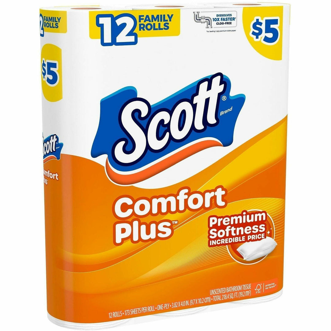 Image of Scott 55211CT ComfortPlus Toilet Paper, 1 Ply, 173 Sheets/Roll, White, Paper, Plush, 4 / Carton