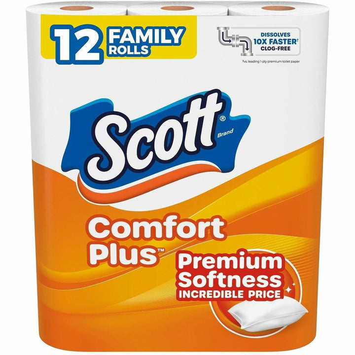 Image of Scott 55211 ComfortPlus Toilet Paper, 1 Ply, 173 Sheets/Roll, White, Paper, Plush, 12 / Pack