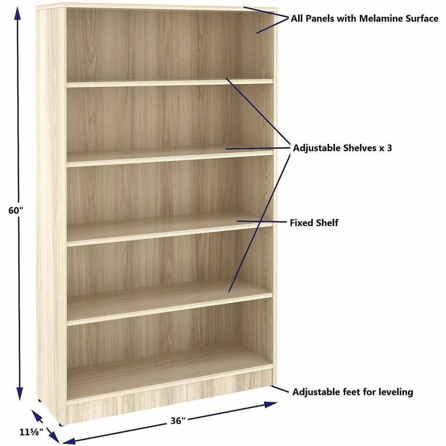Image of Lorell 66342 Sturdy 5-Shelf Bookcase, 5 x Shelf(ves), Modern Elm, Assembly Required, 1 Each