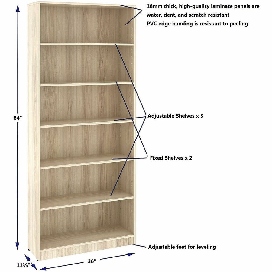 Image of Lorell 66344 Sturdy 6-Shelf Bookcase, 6 x Shelf(ves), Modern Elm, Assembly Required, 1 Each