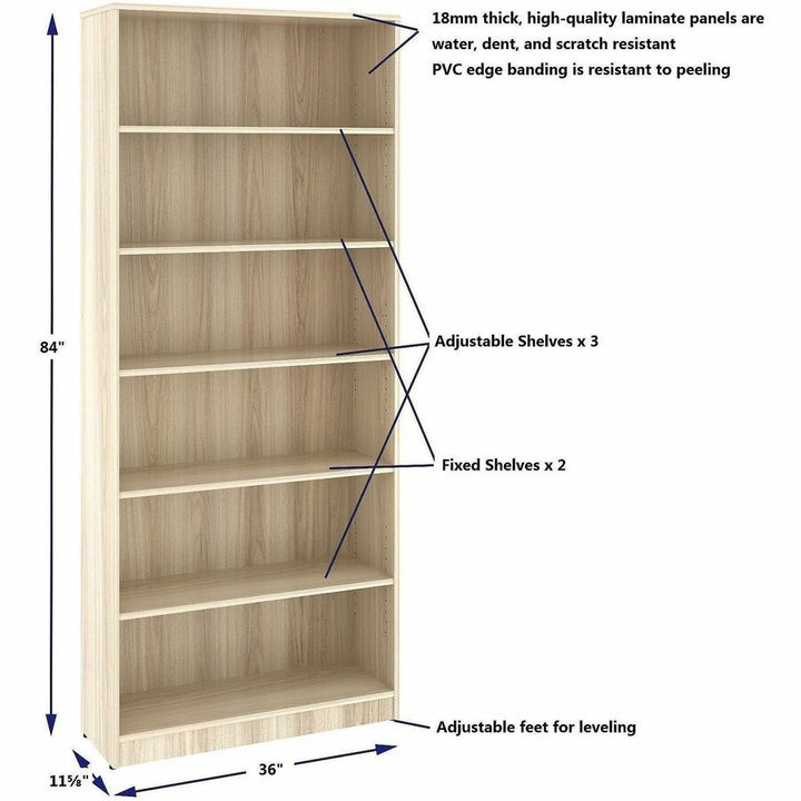 Image of Lorell 66344 Sturdy 6-Shelf Bookcase, 6 x Shelf(ves), Modern Elm, Assembly Required, 1 Each
