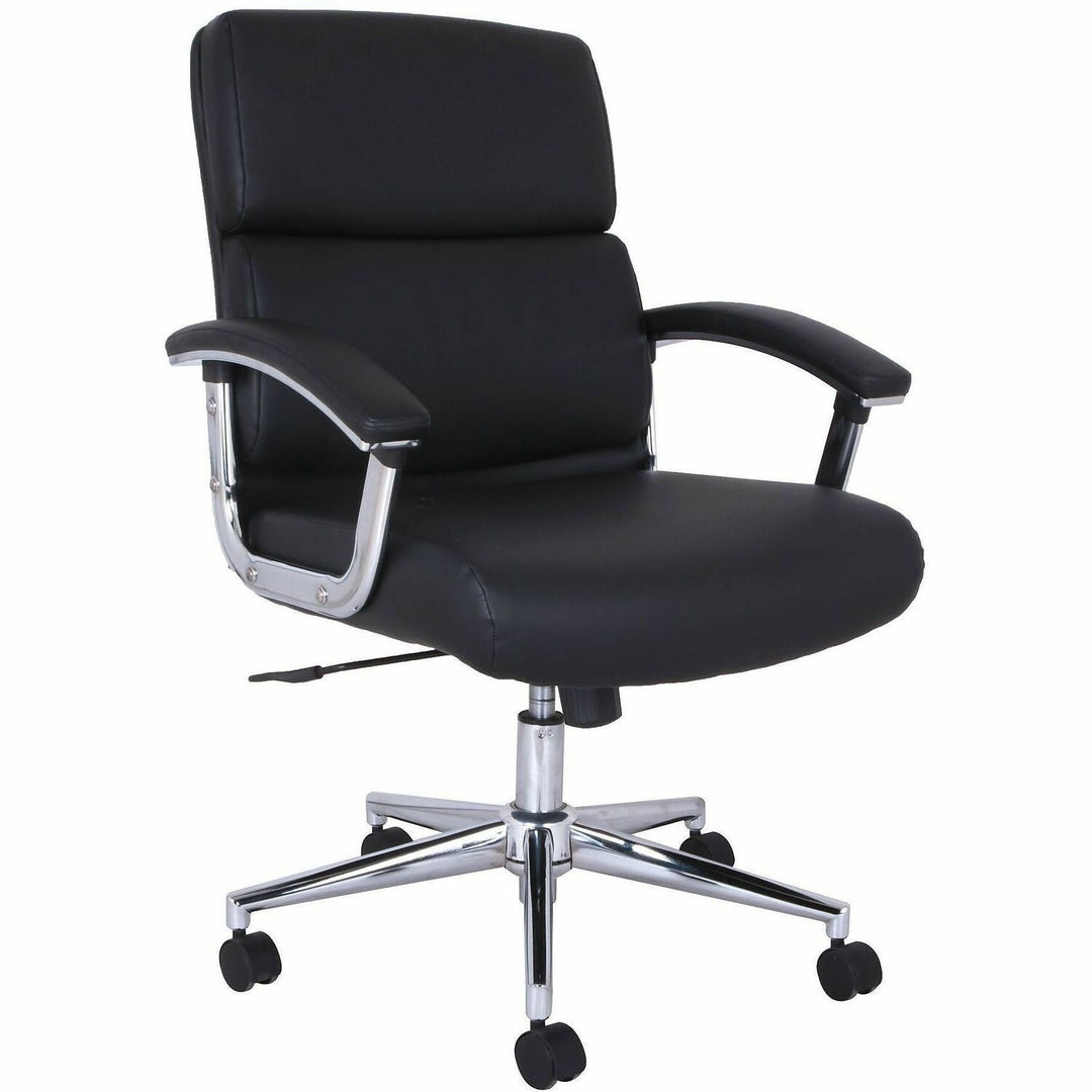 Image of Lorell 20028 Vuelo Modern Bonded-Leather Office Chairs, Bonded Leather Seat Material, Mid Back, Black, Armrest, 1 Each