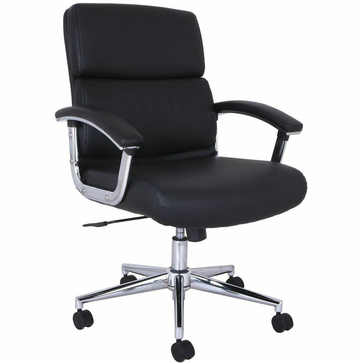 Image of Lorell 20028 Vuelo Modern Bonded-Leather Office Chairs, Bonded Leather Seat Material, Mid Back, Black, Armrest, 1 Each