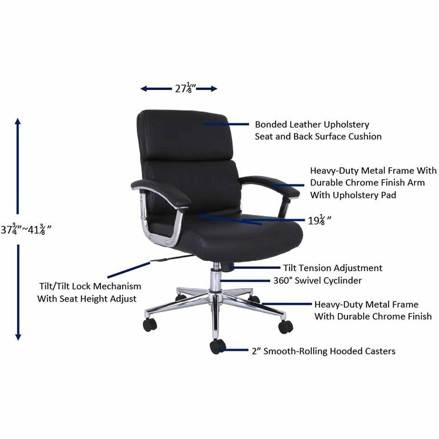 Image of Lorell 20028 Vuelo Modern Bonded-Leather Office Chairs, Bonded Leather Seat Material, Mid Back, Black, Armrest, 1 Each