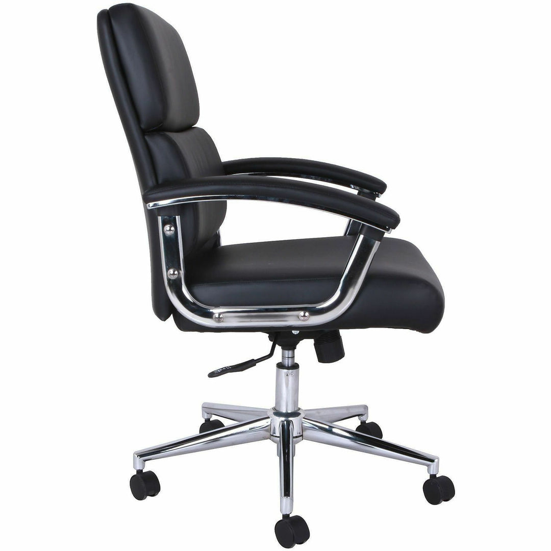 Image of Lorell 20028 Vuelo Modern Bonded-Leather Office Chairs, Bonded Leather Seat Material, Mid Back, Black, Armrest, 1 Each