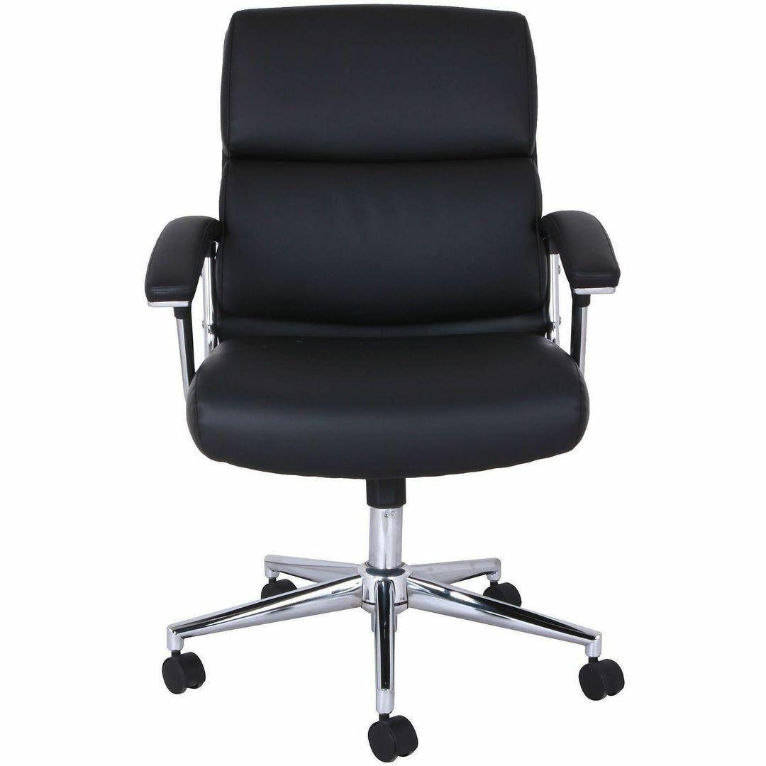 Image of Lorell 20028 Vuelo Modern Bonded-Leather Office Chairs, Bonded Leather Seat Material, Mid Back, Black, Armrest, 1 Each