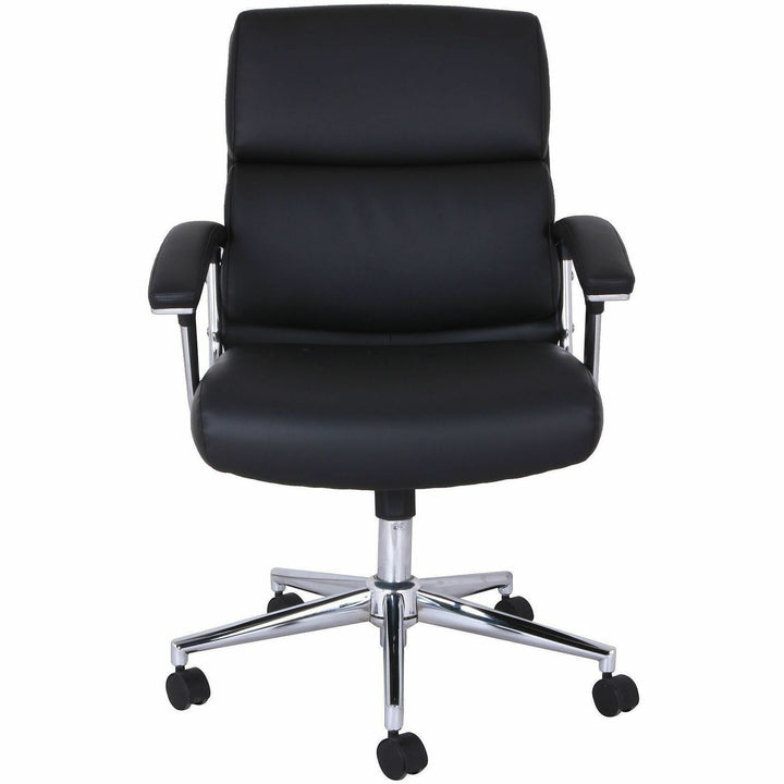 Image of Lorell 20028 Vuelo Modern Bonded-Leather Office Chairs, Bonded Leather Seat Material, Mid Back, Black, Armrest, 1 Each