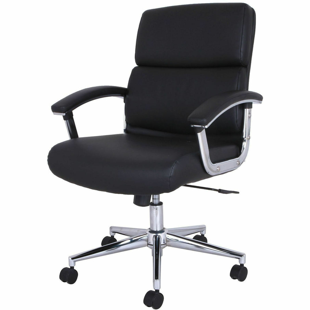 Image of Lorell 20028 Vuelo Modern Bonded-Leather Office Chairs, Bonded Leather Seat Material, Mid Back, Black, Armrest, 1 Each