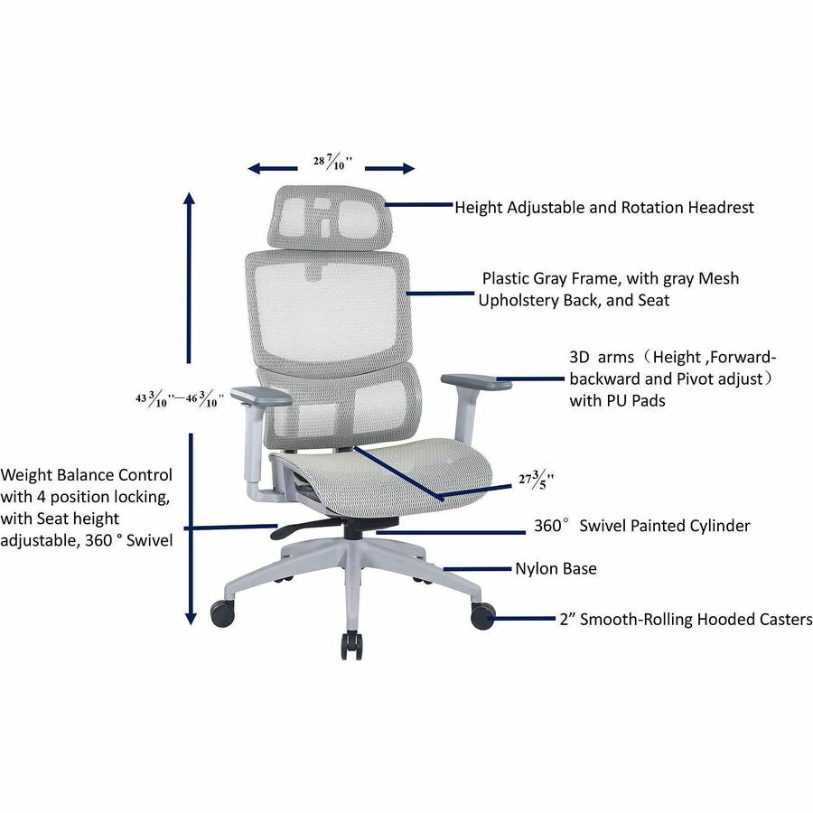 Image of Lorell 63201 Ripley All-Mesh High-Back Chair with Articulating Lumbar Support, Mesh Back Material, High Back, Gray, Mesh, 1 Each