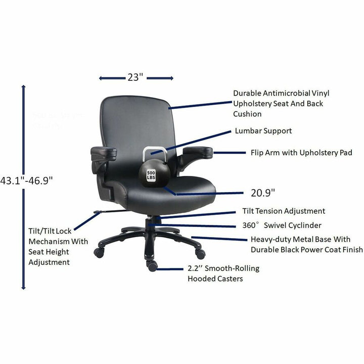 Image of Lorell 40221 Big & Tall Flip Arm Chair, Black, Vinyl, Armrest, 1 Each