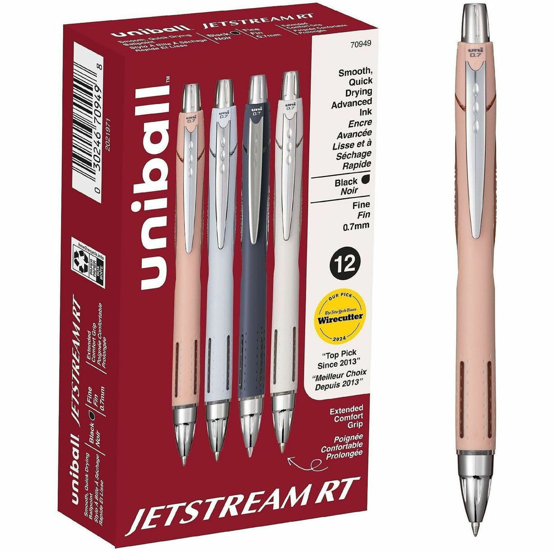 Image of uniball® Jetstream RT Ballpoint Pen, Retractable, Fine 0.7 mm, Black Ink, Assorted Barrel, 12/Pack