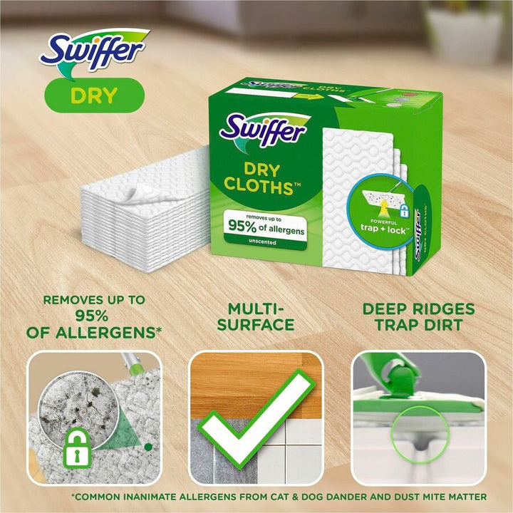 Image of Swiffer 81216CT Sweeper Dry Cloths Refill, 8" W x 10.4" Length, Residue-free, Unscented, Textured, Green, 3 / Carton