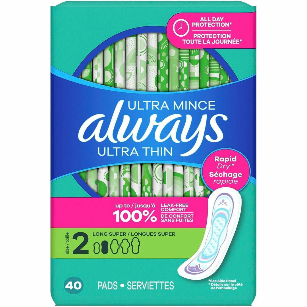 Image of Always 12853 Ultra Thin Size 2 Long Super Pads, Unscented, Size 2, Super, Unscented, Absorbent, Anti-leak, Odor-absorbing, Comfortable, 40 / Pack