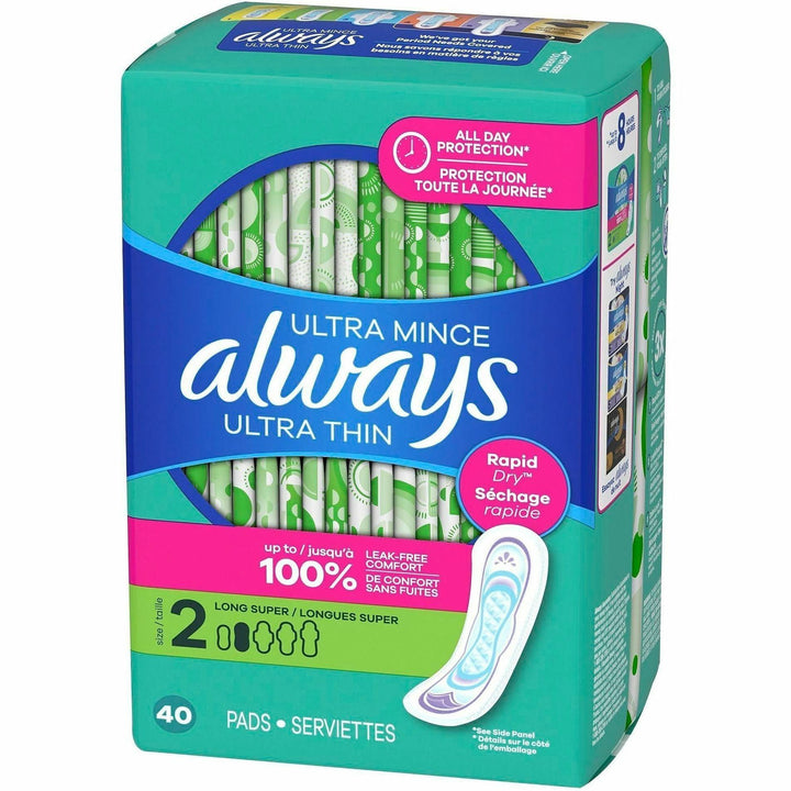 Image of Always 12853 Ultra Thin Size 2 Long Super Pads, Unscented, Size 2, Super, Unscented, Absorbent, Anti-leak, Odor-absorbing, Comfortable, 40 / Pack