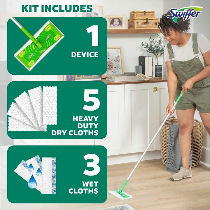 Image of Swiffer 16519 Sweep and Mop Deluxe, 2-in-1 Floor Mopping and Sweeping Kit, Heavy Duty, Durable, Green, 1 Each