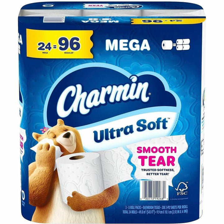 Image of Charmin 19268 Ultra Soft Mega Roll, 2 Ply, Mega, White, Paper, 24/Pack, 1 Carton